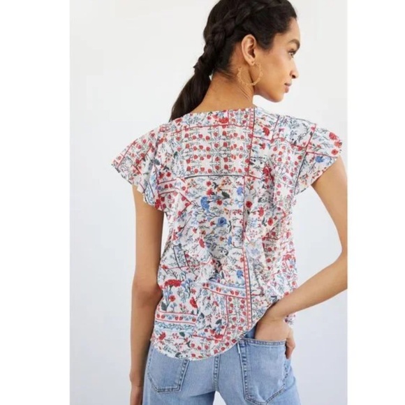 Let Me Be Anthropologie Red Embroidered Button Down Short Sleeve Blouse Size 2 - Picture 2 of 8